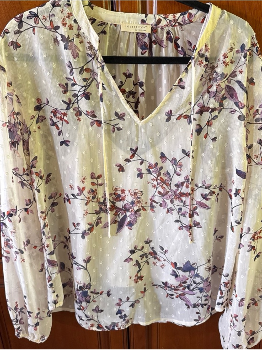 LoveStitch Floral V-Neck Long-Sleeve Top in Cream with Purple Print